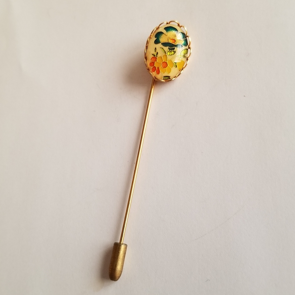Vintage floral stickpin stick pin cloisonne enamel cabochon gold tone lapel - Picture 2 of 10